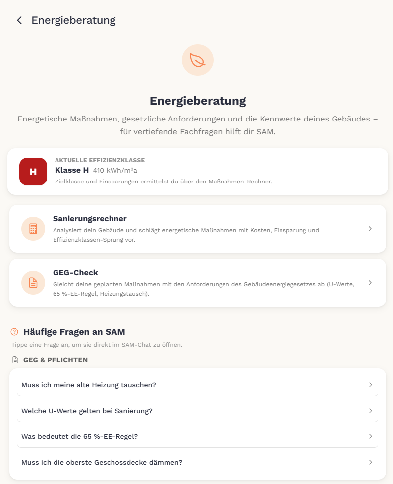 Renaldo: Energieberatungs-Bereich mit Effizienzklasse, Sanierungsrechner und GEG-Check
