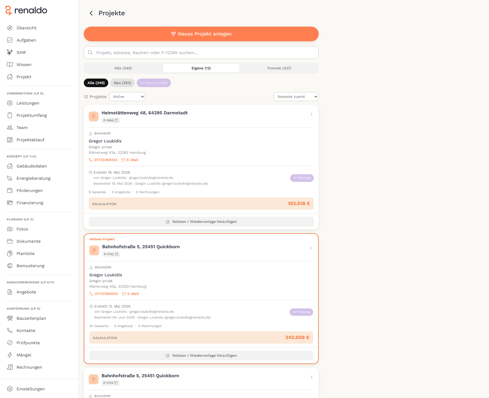 Renaldo: Pipeline-Mini-CRM mit Wiedervorlagen, Status und Notizen pro empfohlenem Bauherrn