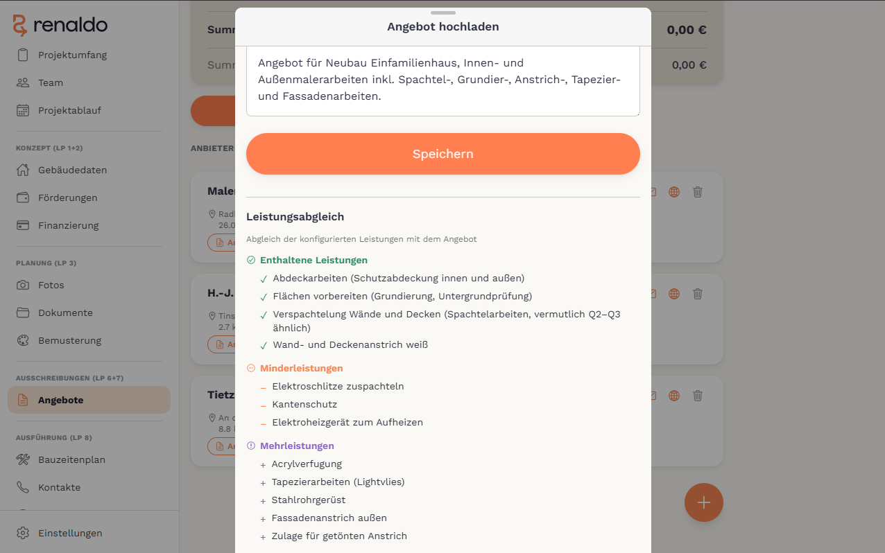 Renaldo: KI-Angebotsanalyse mit Positionsvergleich und markierten Auffälligkeiten