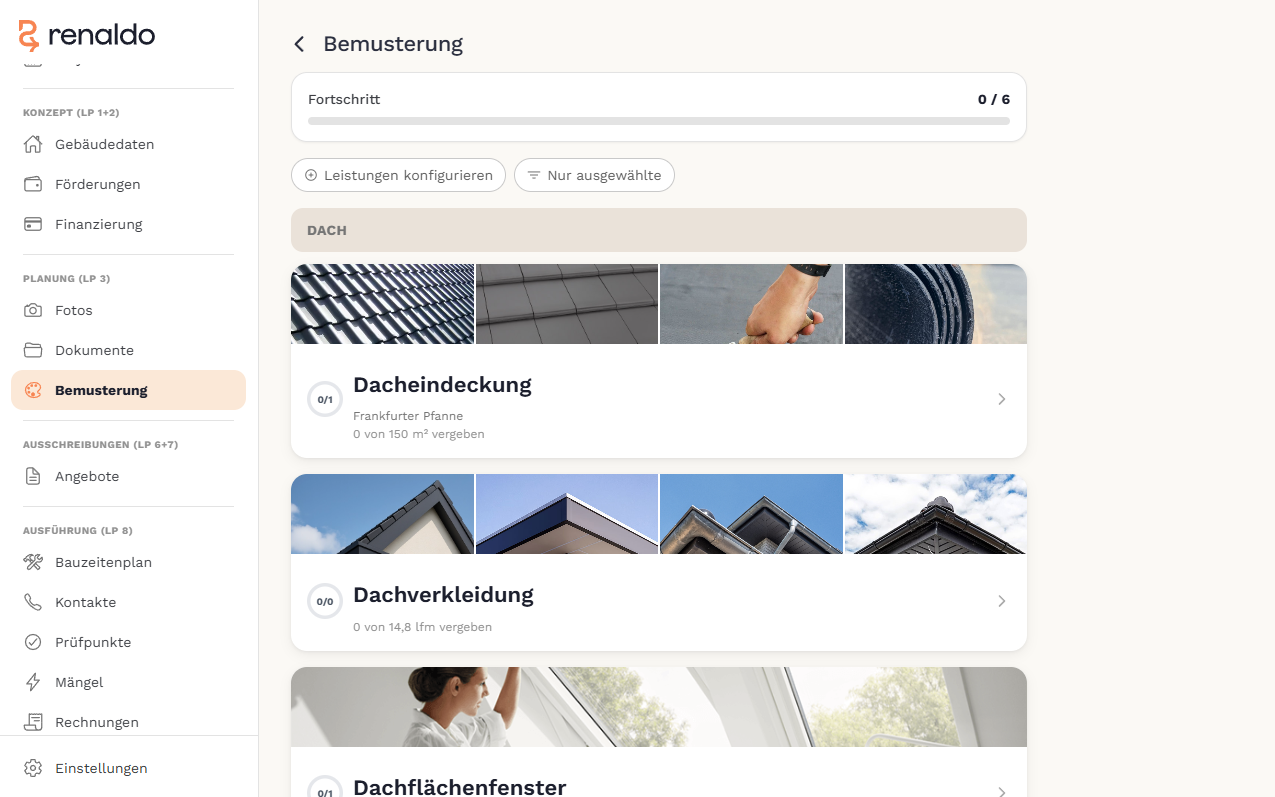 Renaldo: Bemusterung mit Materialwahl, Live-Preisen und Showrooms in der Nähe