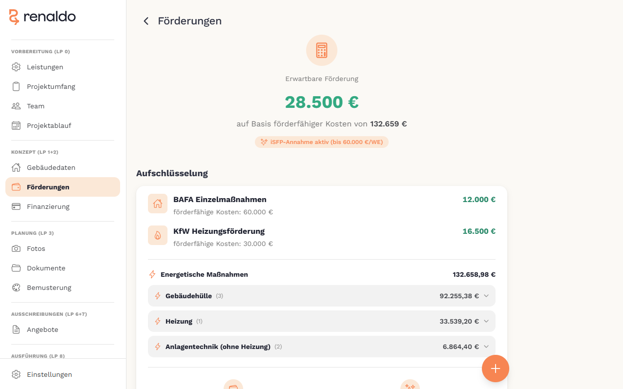 Renaldo: Förderrechner und Förderübersicht mit Programmen und Summen im Projekt