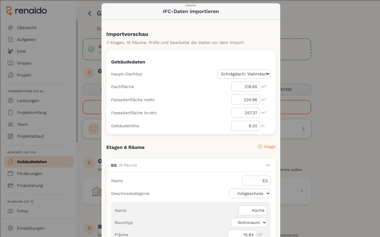 Renaldo: Gebäudedaten-Import mit erkannten Bauteilen und Kennwerten im Projekt