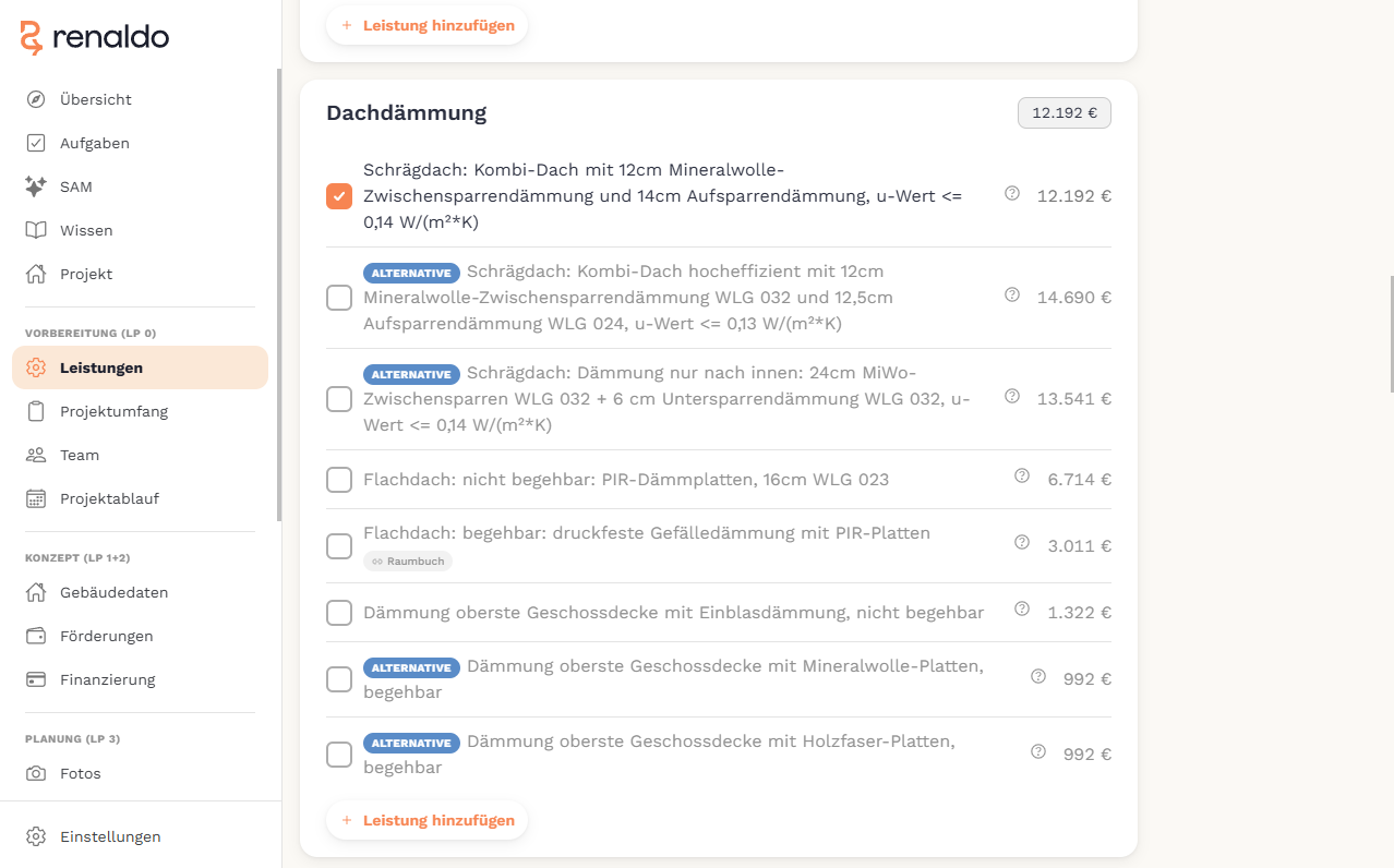 Renaldo Produktdatenbank: mehrstufiger Leistungsbaum mit Gewerken, Positionen, Alternativen und Abhängigkeiten